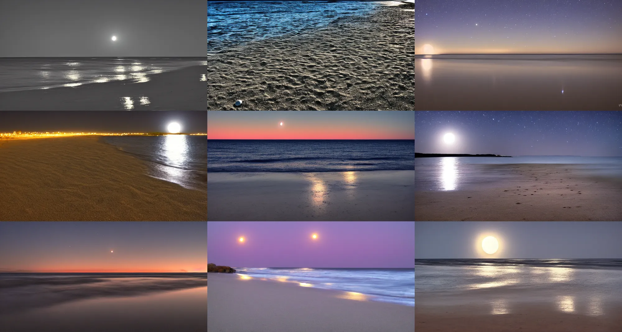 Prompt: moon gleaming over the beach shore line, nighttime, glow, water reflection, flickr, dslr, wide angle shot