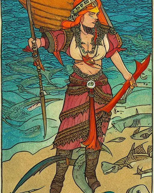 Image similar to a shark pirate queen with melee weapons by ivan bilibin