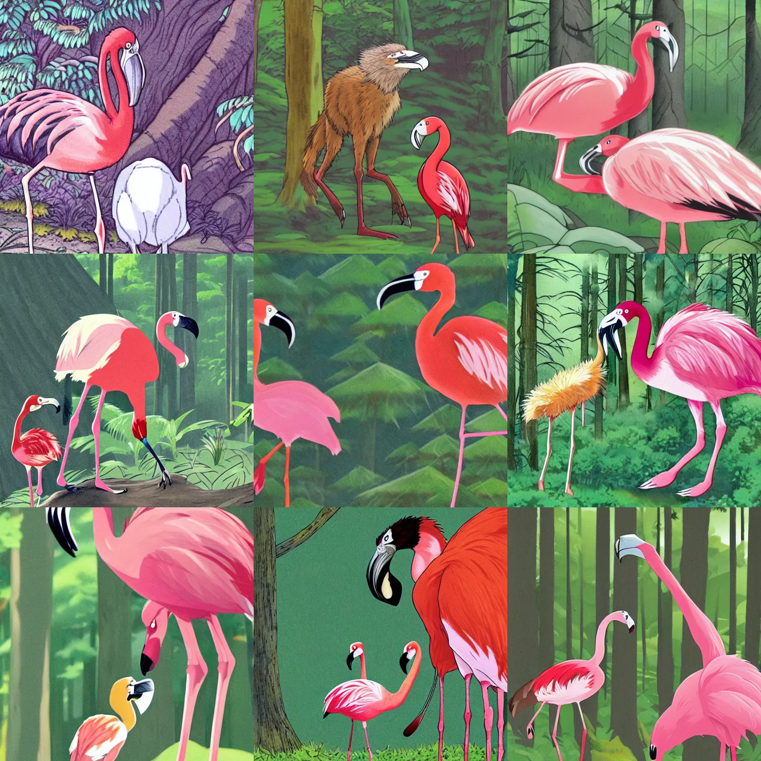 Prompt: close up shot of a wolverine and flamingo standing together in the forest, art by studio ghibli