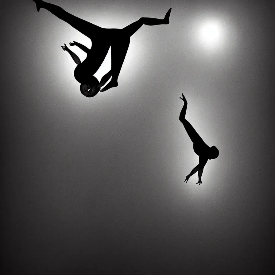 Prompt: surrealist artwork of someone falling downward from light into darkness. creative camera angle and perspective.