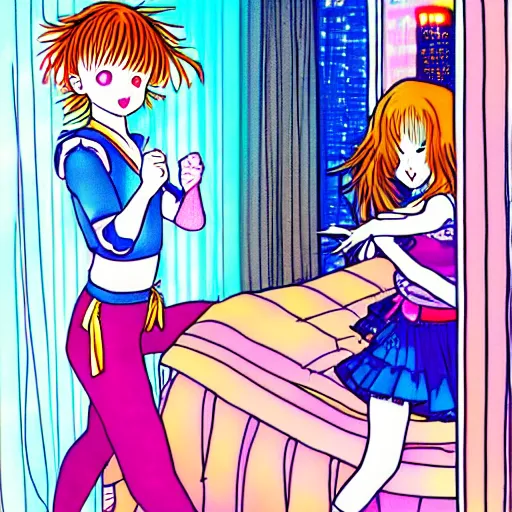 Image similar to cute girl wearing a white girl dancing joyfully in her bedroom at night, cyberpunk lighting, illustrated by naoko takeuchi