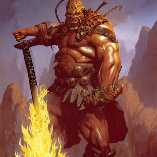 Image similar to head and shoulders portrait of a helmed fire giant with a giant sword, d & d, fantasy, greg rutkowski, frank frazetta, alexandre chaudret, boris vallejo, michael whelan, miro petrov, hr giger, magali villeneuve, donato giancola