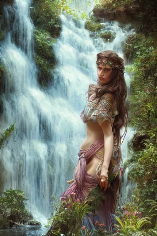 Prompt: ultra realistic illustration, bohemian girl in waterfall, staring directly into camera, intricate, elegant, highly detailed, digital painting, artstation, concept art, smooth, sharp focus, illustration, art by artgerm and greg rutkowski and alphonse mucha