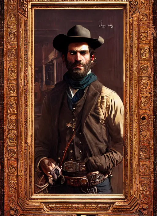 Prompt: Old west resurrectionist (rdr2, laurie greasley). Iranian orientalist portrait by john william waterhouse and Edwin Longsden Long and Theodore Ralli and Nasreddine Dinet, oil on canvas. Cinematic, hyper realism, realistic proportions, dramatic lighting, high detail 4k