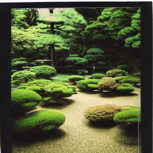 Image similar to polaroid photo of an japanese garden taken at night with flash, grainy