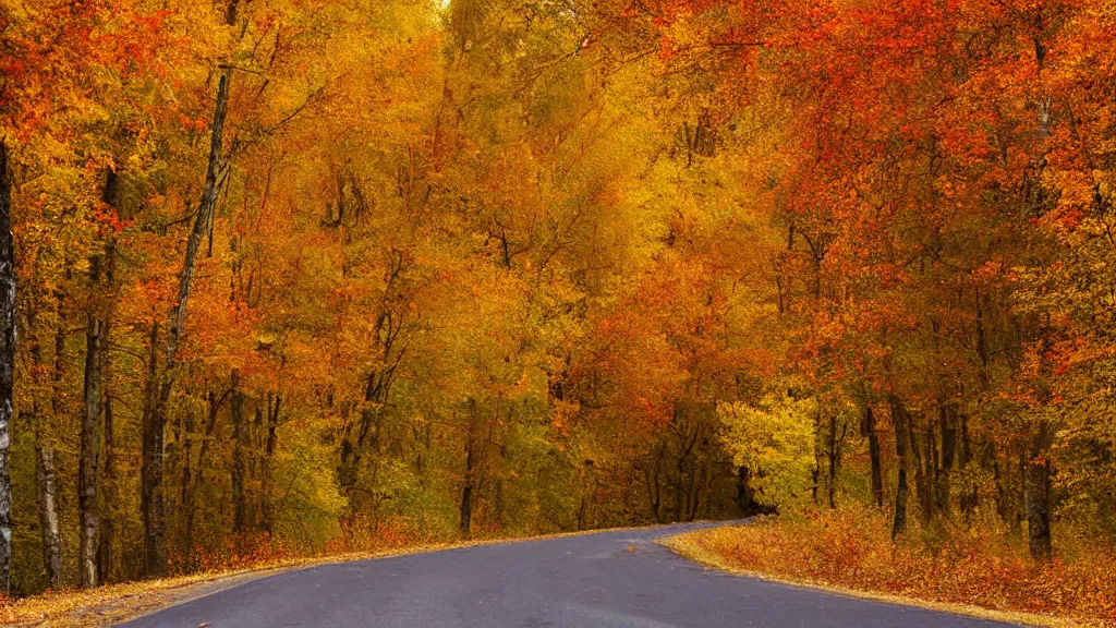 Image similar to a realistic photograph of a country road lined on both sides by maple and poplar trees, in the autumn, red orange and yellow leaves, some leaves have fallen and are under the trees and on the!!!! road