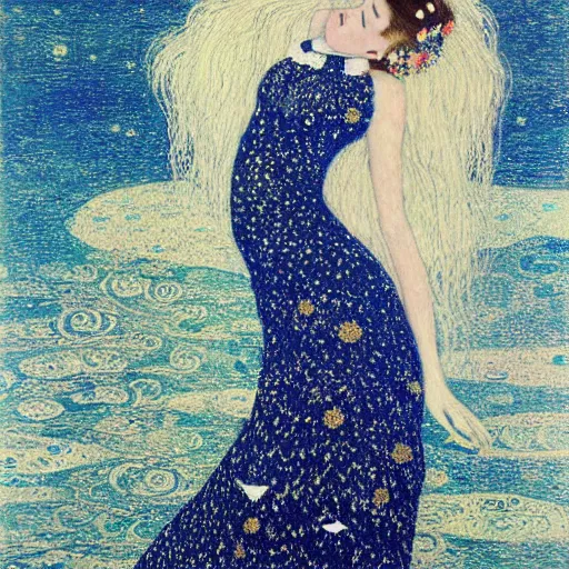 Prompt: a young beautiful woman with sliver long hair wearing a long white dress, on a boat flowing in the deep blue starry sea, flying white birds, sea animals, like a dream, hyperrealistic, highly detailed, gothic, by gustav klimt