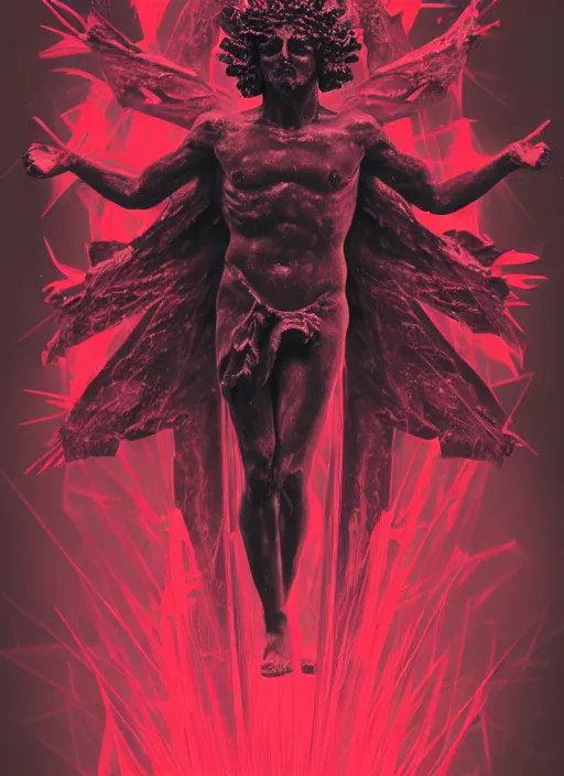 Image similar to dark design poster showing a statue of dionysus, mostly monochromatic, black background with very subtle red and purple design elements, powerful, nekro, vito acconci, thin straight lines, dark, glitch art, neo vaporwave, gritty, layout frame, square, trending on artstation