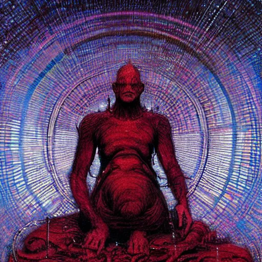 Image similar to an exhausted deity, contemplating existence, beyond the known universe, fine art, bokeh, omnidimensional, ocd, electroluminescent wire by wayne barlowe + jack davis