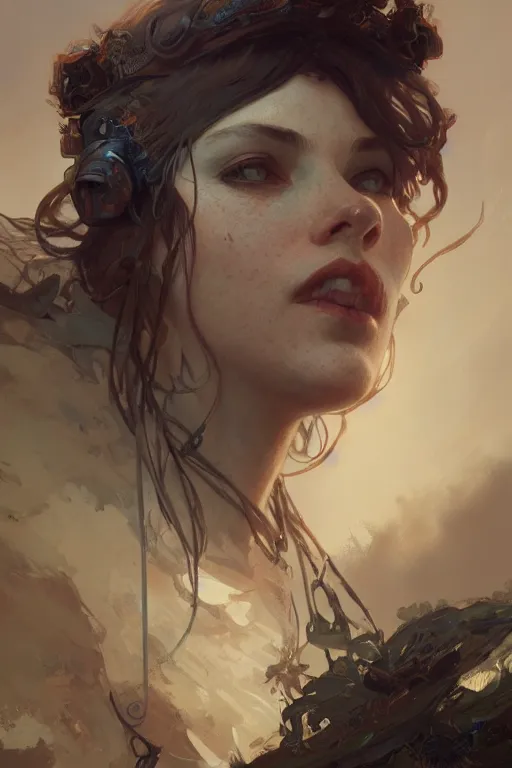 Image similar to A full portrait of a beautiful post apocalyptic celtic explorer, intricate, elegant, highly detailed, digital painting, artstation, concept art, smooth, sharp focus, illustration, art by Krenz Cushart and Artem Demura and alphonse mucha