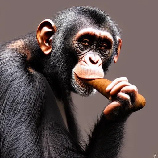 Image similar to a high detail shot of a chimp wearing a suit, smoking a cigar, render, cgsociety, photorealism