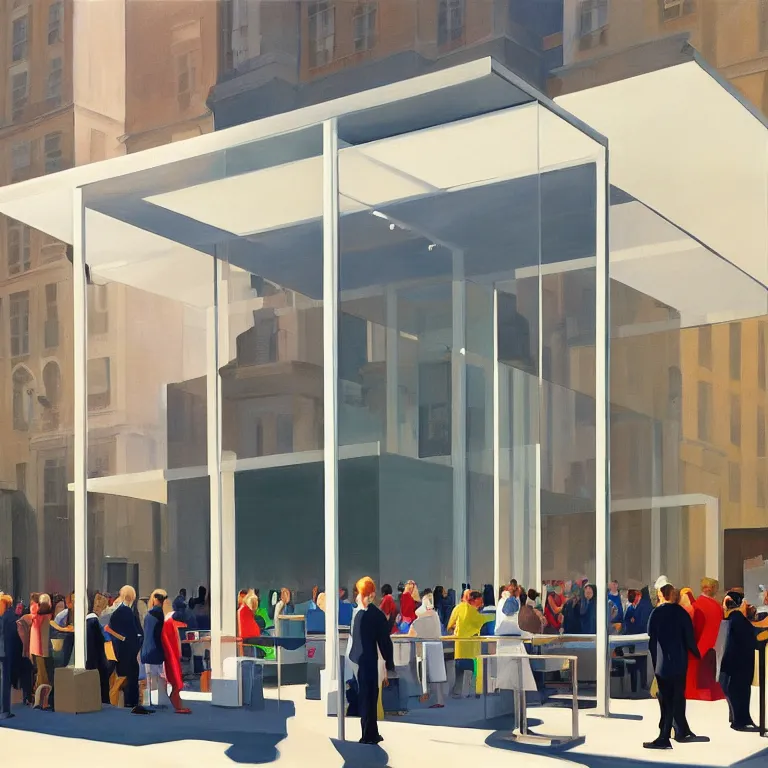 Prompt: apple store opening day in London, painted by Edward Hopper, painted by James Gilleard, airbrush