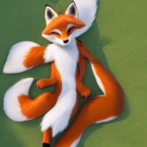 Prompt: full body shot of a anthropomorphic female fox with short white fur covering her body in the style of zootopia, far shot, top down view, 1 0 feet from the carma