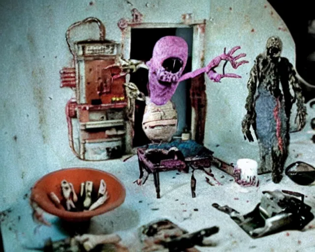 Prompt: still from a full - color 1 9 8 5 creepy live - action stop - motion puppetry film by the brothers quay in the style of a tool music - video, involving nails and soap, inside elaborate dioramas.