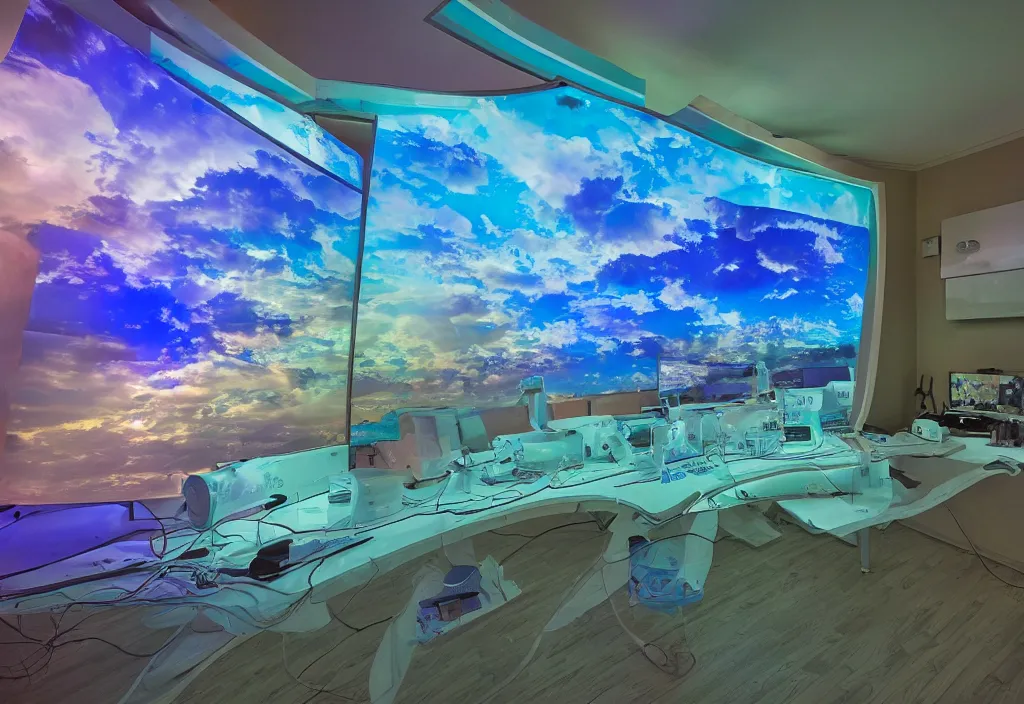 Prompt: curved translucent visors projecting detailed florida weathermap, pixel perfect photograph, high contrast, volumetric lighting, thin glowing lights, bedroom, visor, users, pair of keycards on table