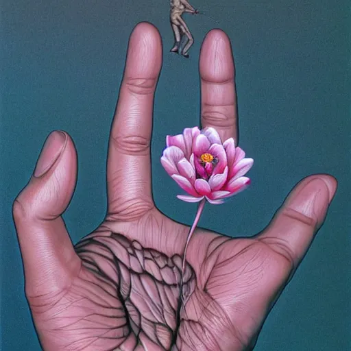Prompt: a man's hand holding a flower, surreal, art by peter lloyd, 1 9 8 0's art, airbrush style, art by hajime sorayama,, intricate, elegant, sharp focus, illustration, highly detailed, h 8 0 0