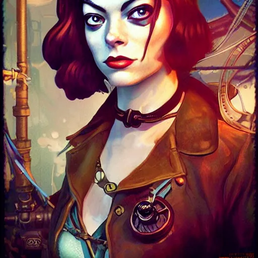 Image similar to lofi underwater bioshock steampunk pirate portrait of emma stone, pixar style, by tristan eaton stanley artgerm and tom bagshaw.