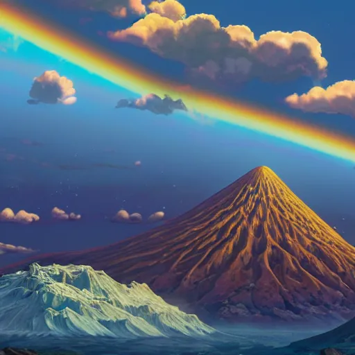 Image similar to a detailed matte painting of noah's ark, double rainbow in a clear blue sky, mount ararat, art by dan mumford and yusuke murata and makoto shinkai and ross tran, cosmic, heavenly, god rays, intricate detail, cinematic, 8 k, cel shaded, unreal engine, featured on artstation, pixiv