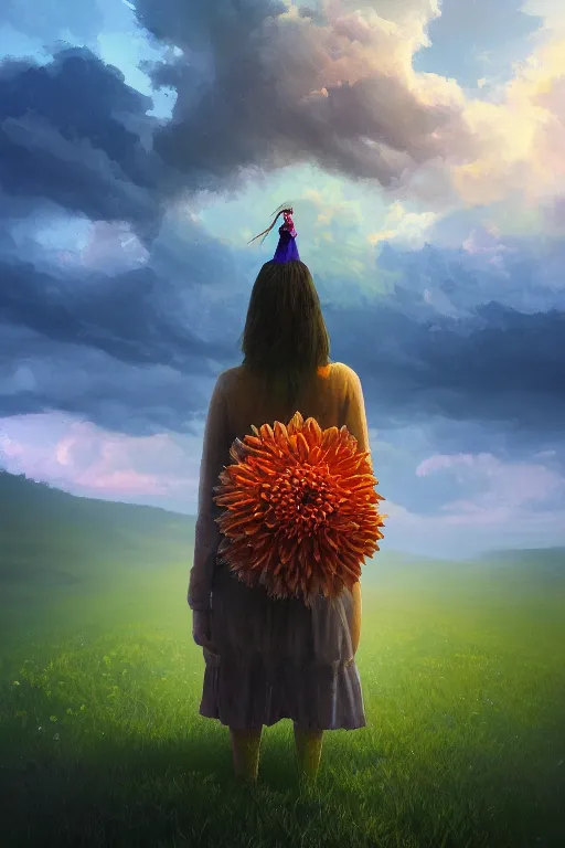 Image similar to perspective giant dahlia flower as head, girl standing on mountain, surreal photography, blue storm clouds, dramatic light, impressionist painting, digital painting, artstation, simon stalenhag