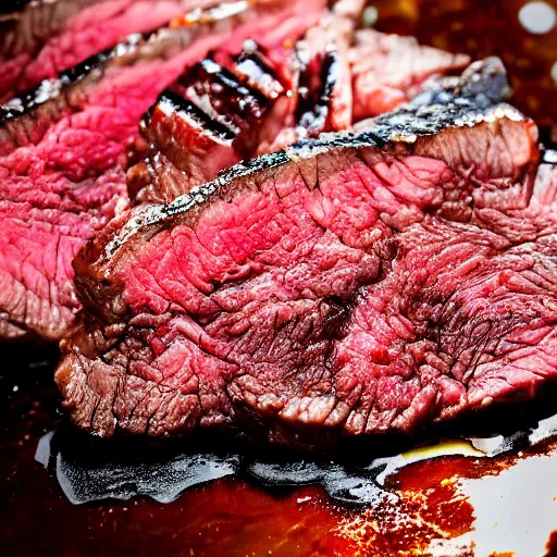 Image similar to explosion wagyu steak perfect sear macro gourmet food photography