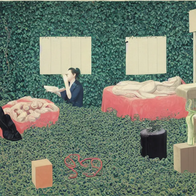 Image similar to a female pathology student in her apartment, wrapped in vines, medical equipment, stepping stones, octopus, first aid kit, pig, black walls, ikebana, black armchair, sculpture, acrylic on canvas, surrealist, by magritte and monet