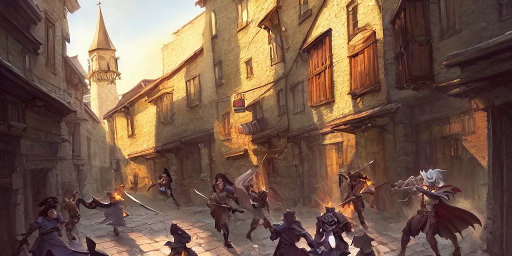 Image similar to an exciting fantasy street battle within a fascinating old city, photo-real characters, narrow streets, old buildings, by Sylvain Sarrailh, cinematic, simple but effective composition, clean lines, beautiful digital painting, oil painting, ultra photo-real render, great character design, dungeons and dragons, lord of the rings, close up characters, fantasy races