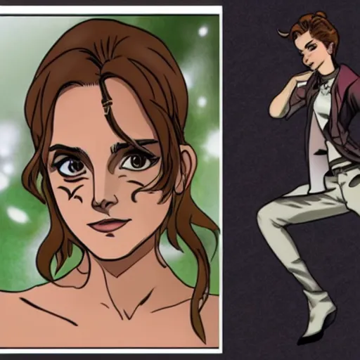 Prompt: Emma Watson drawn in Jojo's Bizarre Adventure, doing a jojo pose