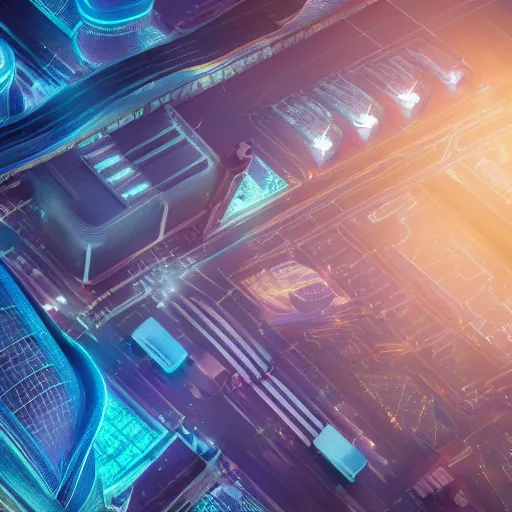 Image similar to A futuristic city, neon lights and flying cars, birds-eye view, pastel colours, 8k octane render, extremely detailed.