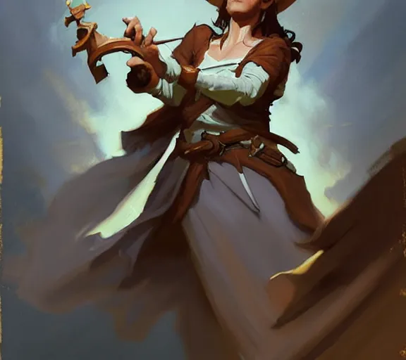 Image similar to greg manchess portrait painting of bard, d & d, fantasy, medium shot, asymmetrical, intricate, elegant, matte painting, illustration, hearthstone, by greg rutkowski, by greg tocchini, by james gilleard, by joe fenton, dynamic lighting, gradient light blue, brown, blonde cream and white color scheme, grunge aesthetic