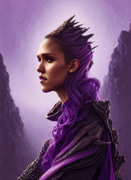 Image similar to portrait jessica alba, adventurer outfit large cloak, fantasy forest landscape, dragon scales, fantasy magic, undercut hairstyle, short purple black fade hair, dark light night, intricate, elegant, sharp focus, illustration, highly detailed, digital painting, concept art, matte, art by wlop and artgerm and greg rutkowski and alphonse mucha, masterpiece