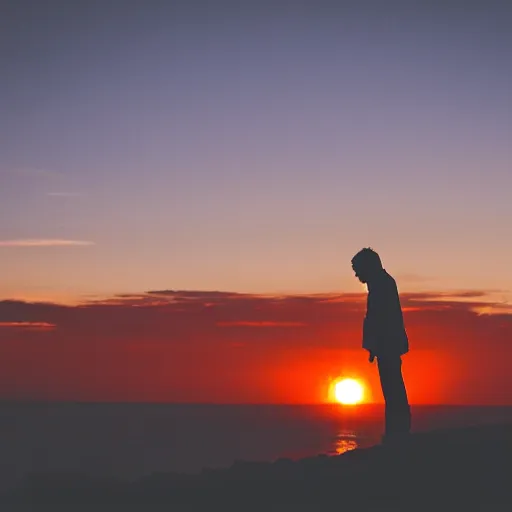 Prompt: a silhouette of a man staring at a sunrise,