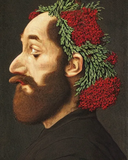 Image similar to a man's face in profile, long beard, made of flowers and fruit, in the style of the Dutch masters and Chris Ware, dark and moody