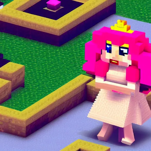 Prompt: an in-game screenshot of Adele as Princess Peach in Minecraft