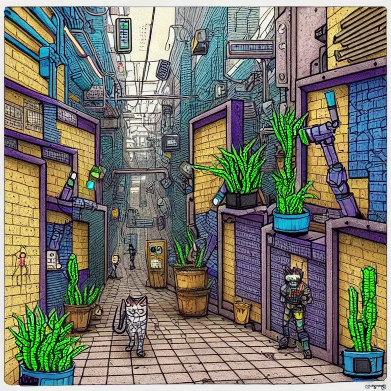 Image similar to an absurdly-detailed cyberpunk alleyway colored-pen drawing as a fancy square tile. Cats and Robots and Potted-Plants.