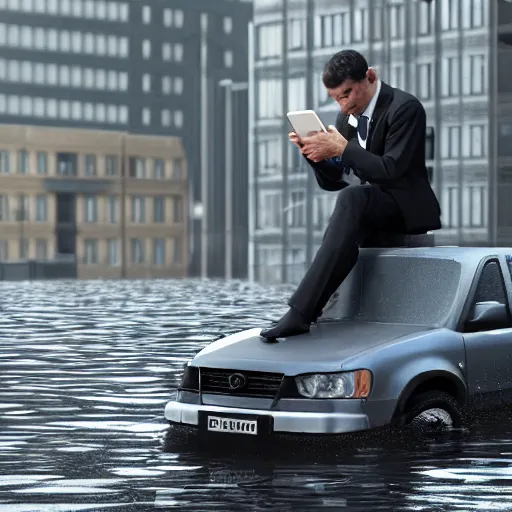 Image similar to a man in suit sitting on the top of a car in a flooded street, looking at his phone, trending on Artstation, 8k, photorealistic, hyper detailed, unreal engine 5, IMAX quality