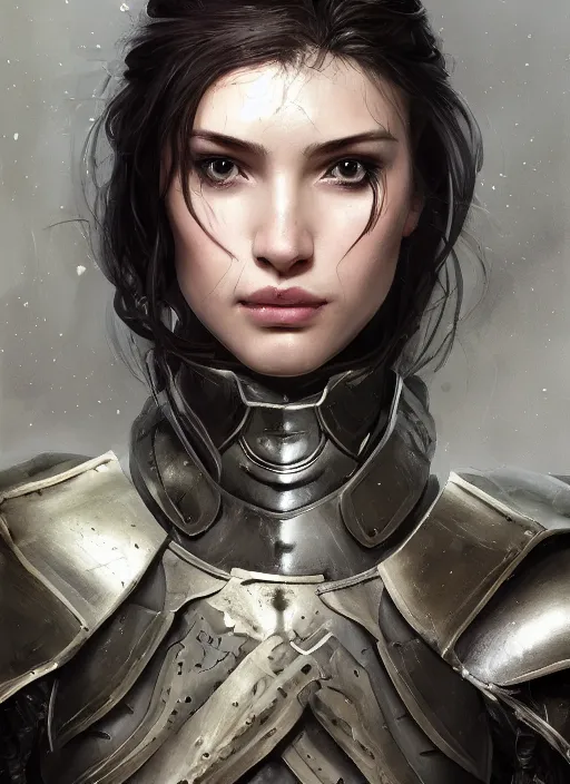 Image similar to a professional photographic portrait of a beautiful young female, clothed in battle armor, exposed waist, olive skin, long dark hair, beautiful bone structure, symmetrical facial features, intricate, elegant, digital painting, concept art, smooth, sharp focus, illustration, from Metal Gear, by Ruan Jia and Mandy Jurgens and Artgerm and William-Adolphe Bouguerea