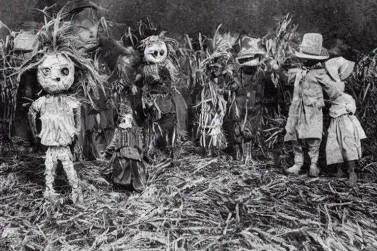 Image similar to disturbing scarecrow from the early 1 9 0 0's burning down the cornfields with a group of children