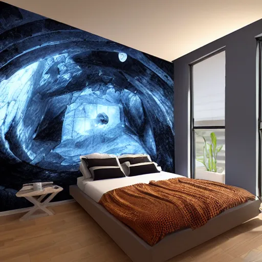 Prompt: a cozy bedroom interior with wall murals of incredible fantasy space art, detailed, high resolution, wow!, intricate, volumetric lighting, raytracing