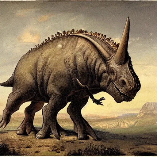 Prompt: paleoart of a triceratops by adolphe millot