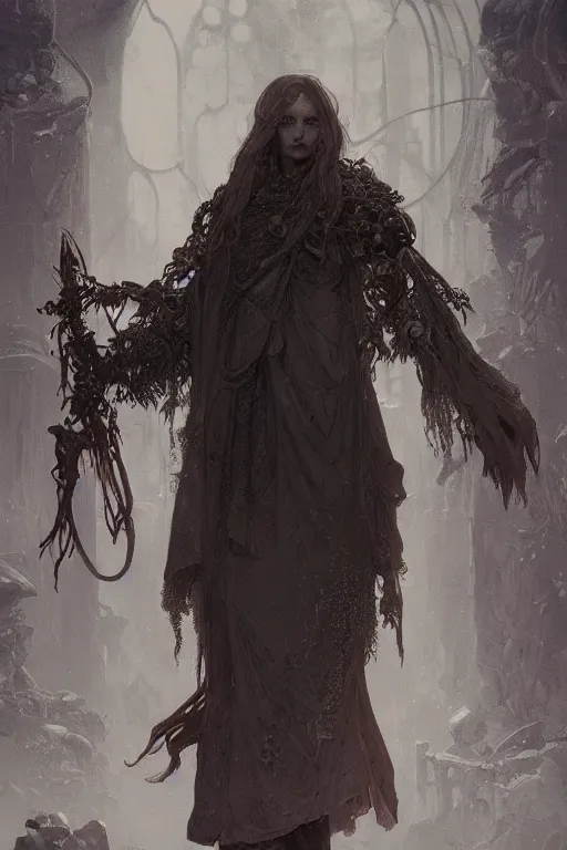 Image similar to A full portrait of a beautiful terrible dystopian boneyard nordic necromancer sorcerer enchanter, intricate, elegant, highly detailed, digital painting, artstation, concept art, smooth, sharp focus, illustration, art by Krenz Cushart and Artem Demura and alphonse mucha