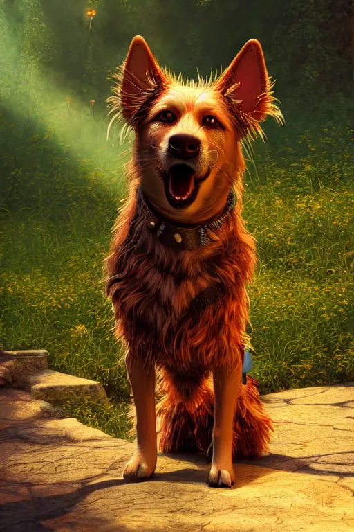 Prompt: dog, ultra hd, Fairycore, Painting By John Howe, unreal 5, DAZ, hyperrealistic, octane render, dynamic lighting, intricate detail, summer vibrancy, cinematic