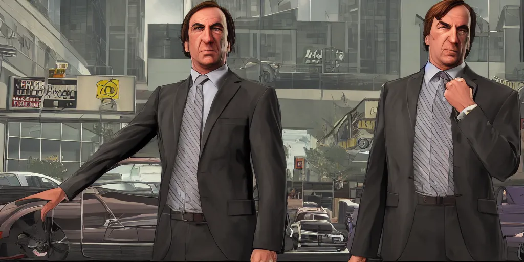 Prompt: saul goodman in gta v, cover art by stephen bliss, boxart, loading screen, 8 k resolution