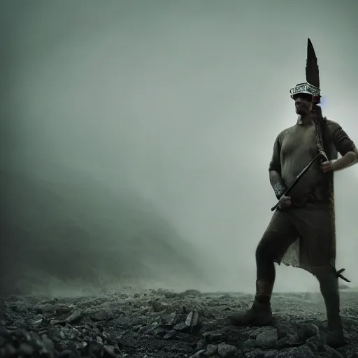 Image similar to cinematic art of a man wearing a crown jewel at a construction site and a leader of the team he is holding a spear. cinematic photograph, atmospheric, foggy, majestic, epic