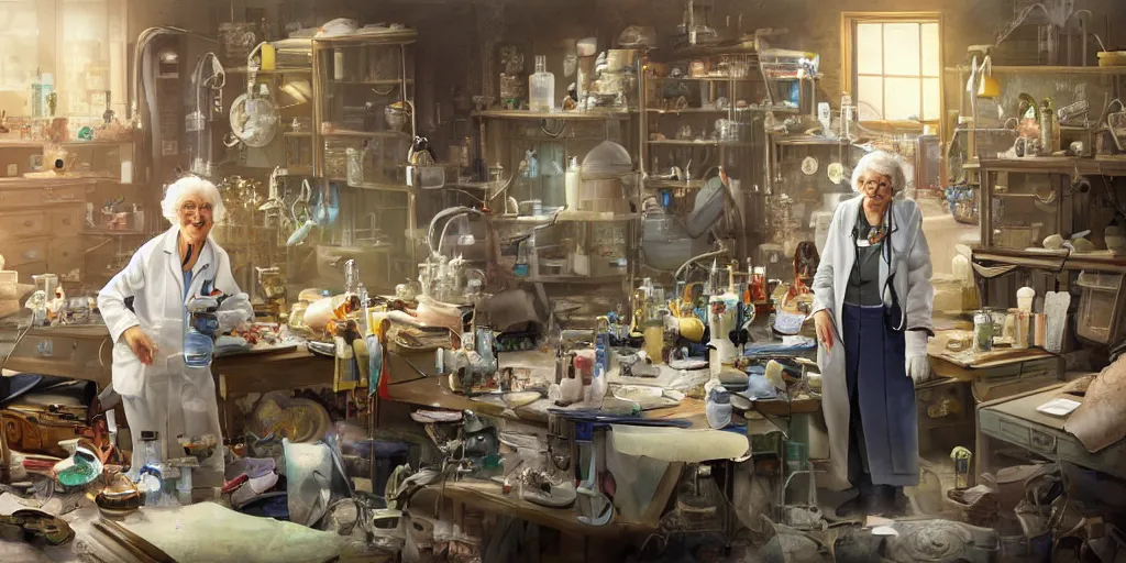 Image similar to an environmental concept art of an elderly female scientist in a cluttered workshop, surigcal impliments, surgery table, highly detailed, cinematic, dramatic