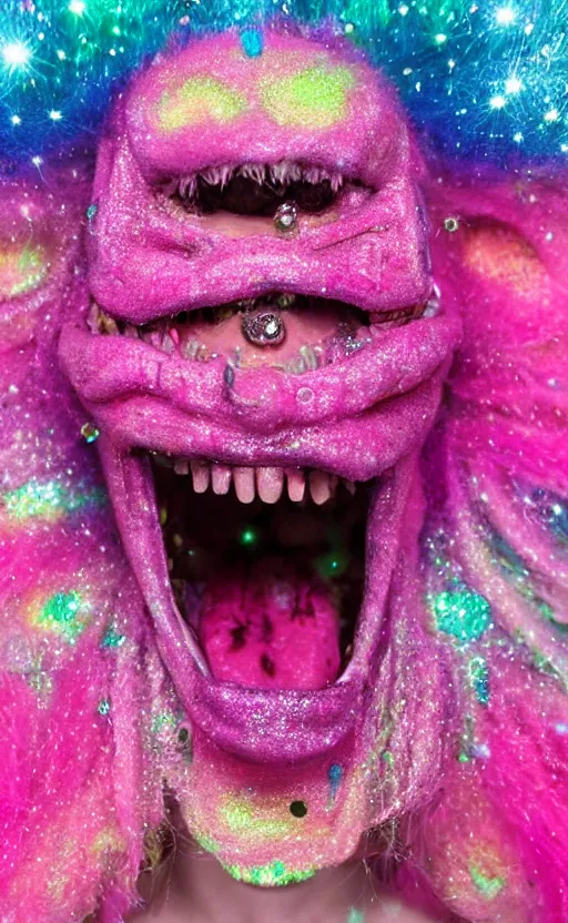 Prompt: face portrait cute saturated pink scary eerie happy ugly creature monster with sparkles and glitter photo 4k