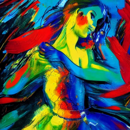 Image similar to a dynamically posed figure rendered in an expressive and stylized fashion showing movement with paint splashes