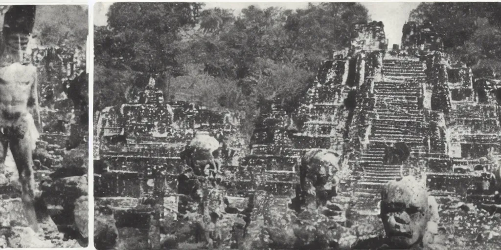 Prompt: black and white old 1 9 3 0 s damaged polaroid photo of a real alien with mayans in the ruins of tikal