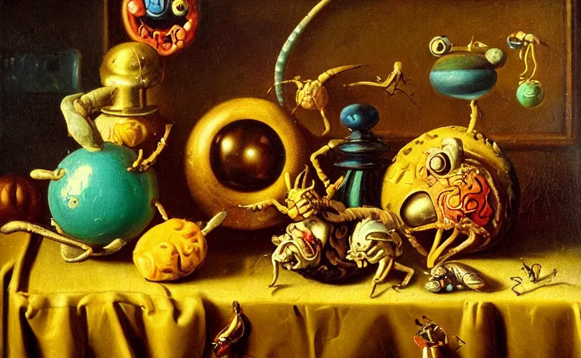 Image similar to disturbing colorful oil painting dutch golden age vanitas still life with bizarre objects strange gooey surfaces shiny metal bizarre insects rachel ruysch dali todd schorr very detailed perfect composition rule of thirds masterpiece canon 5 0 mm, cinematic lighting, photography, retro, film, kodachrome