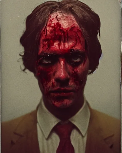 Prompt: an instant photo of a handsome but sinister ghost of a man in layers of fear, with violence in his eyes, 1 9 7 0 s, seventies, woodlands, delicate embellishments, a little blood, crimson, painterly, offset printing technique, by mary jane ansell