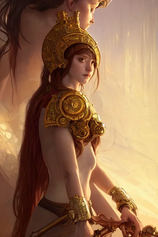 Image similar to portrait young knights of Zodiac girl, rose golden and mirror armor, in ruined Agora of Athens Sunrise, ssci-fi and fantasy, intricate and very beautiful and elegant, highly detailed, digital painting, artstation, concept art, smooth and sharp focus, illustration, art by tian zi and WLOP and alphonse mucha